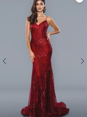 Stella Couture 21066 Red Sequin V-Neck Corset Style Prom Dress